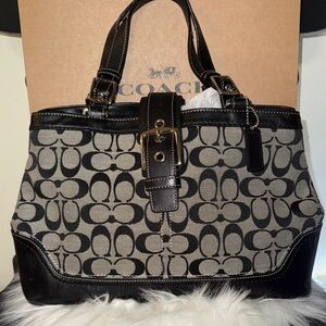 Coach Black and Gray Signature Satchel with Buckle-Hampton Coach
